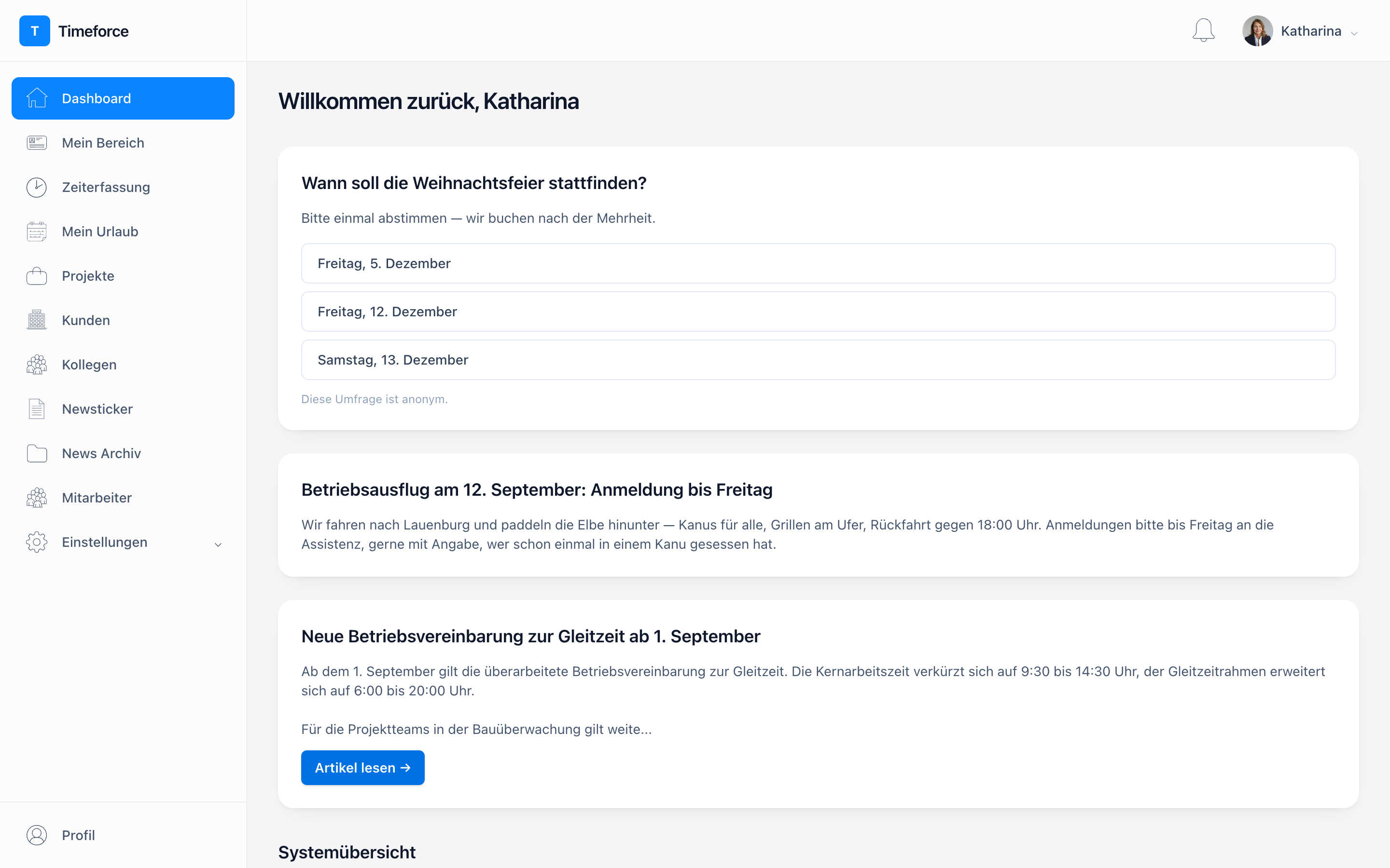 Das Timeforce-Dashboard mit Mitteilungen, Umfrage und Systemübersicht