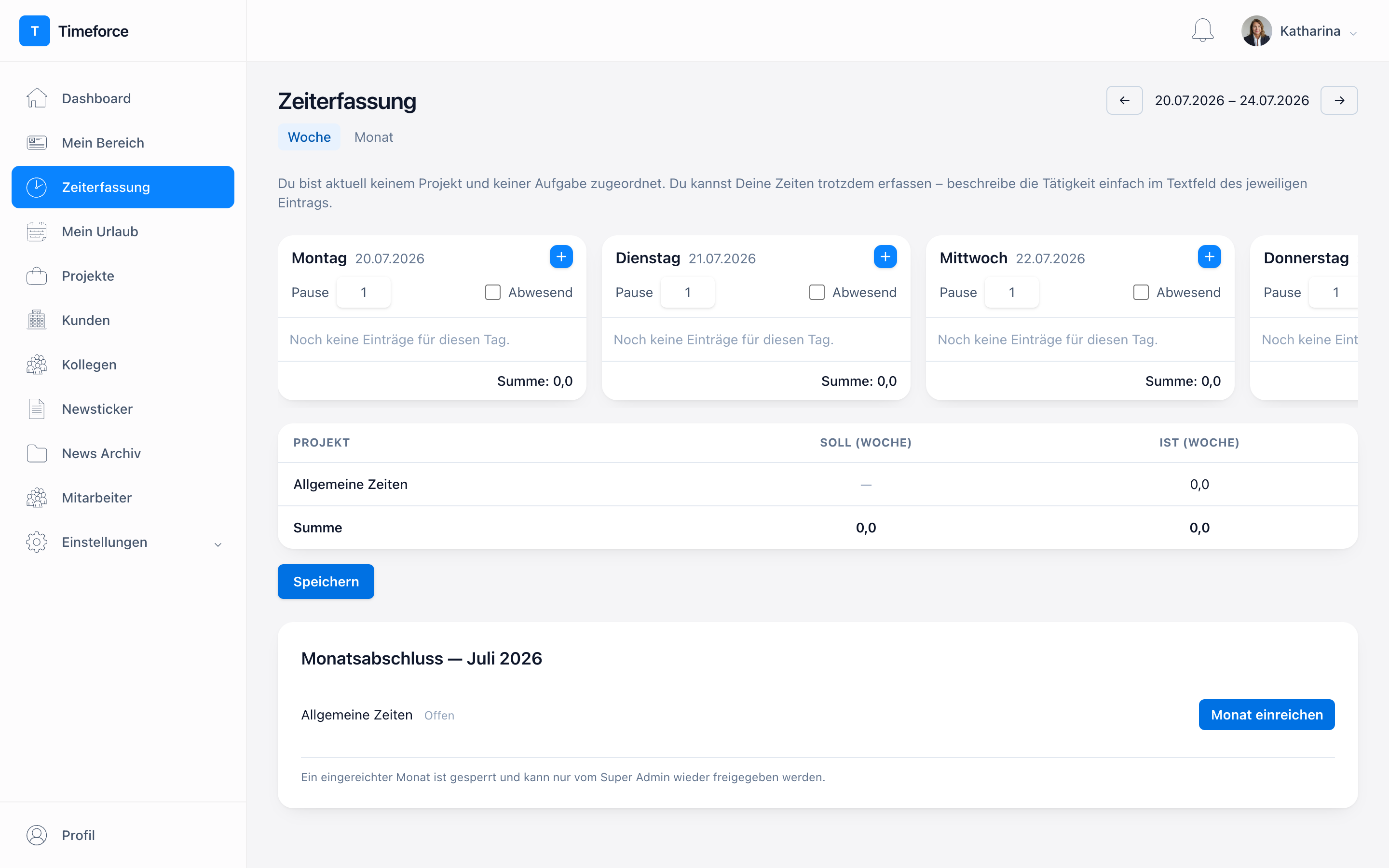 Zeiterfassung mit Tagesabschnitten und Einträgen je Projekt